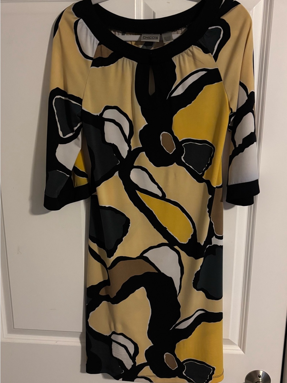 Chico's Yellow, Black & White Abstract Midi Shift Dress